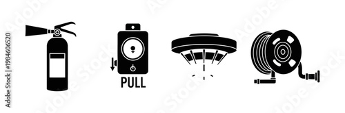 Essential Fire Safety Equipment Icons Set Collection of Black and White Pictograms for Emergency Preparedness and Protection Systems