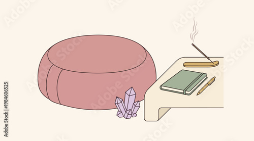 Pink Pouf Beside Desk with Incense and Crystal on White Background