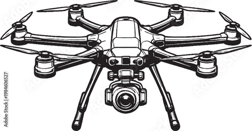 Surveillance Drone Multi Rotor UAV Camera Line Art Vector Illustration Isolated