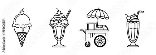 Collection of delightful frozen dessert icons featuring ice cream cones, sundaes, street vendor carts, and milkshakes in a clean outline style for sweet treats menus and digital designs