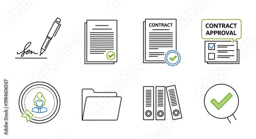 Business Contract Document Approval And Signing Icons Set.