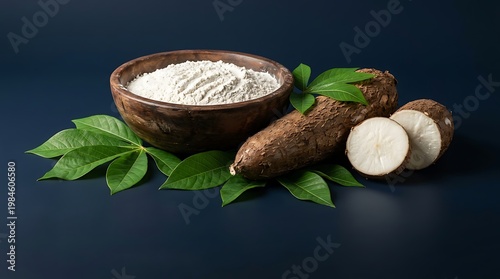 Taro Ungu Segar dan Tepung Taro dalam Mangkok Dengan Daun Hijau Untuk Resep Makanan dan Kesehatan