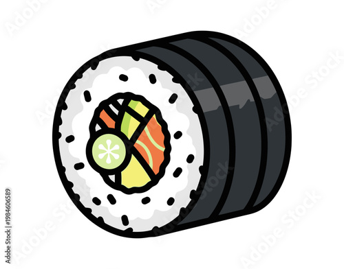 Delicious hand-rolled maki sushi featuring fresh salmon, vibrant cucumber, and creamy avocado, showcasing an iconic Japanese culinary delight perfect for a healthy meal or appetizer illustration