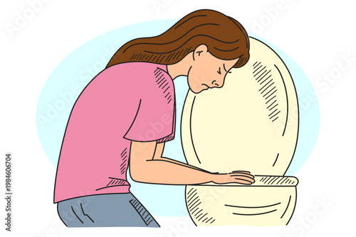Teen girl with eating disorder in toilet doodle vector isolated. Hand-drawn illustration of a young person suffering from bulimia, unhealthy lifestyle. Mental disorder. Woman feels sick.