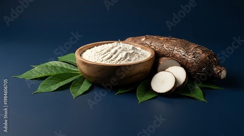 Bubuk tepung dari singkong segar dan umbi singkong di atas daun hijau dengan latar belakang gelap, bahan alami dan sehat untuk pembuatan kue dan makanan tradisional