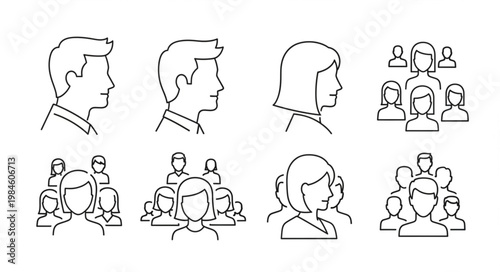 Collection of Simple Line Art Icons Representing People and Groups.
