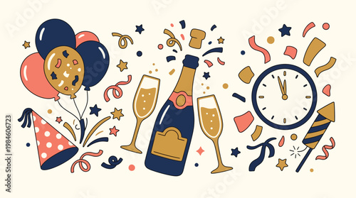 New Year Celebration with Champagne and Balloons