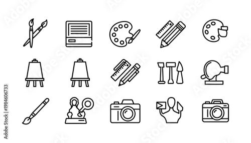 A diverse collection of black outline vector icons representing essential tools for artists, photographers, and creative professionals, perfect for web and app design projects