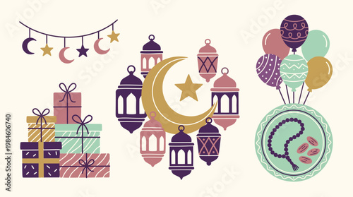 Eid Mubarak Celebration with Lanterns and Balloons