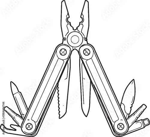 Multi Tool Device Line Art Vector Tactical Foldable Tool Black White Illustration