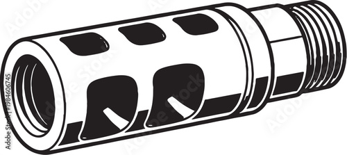 Muzzle brake device line art vector firearm accessory vented barrel attachment black and white outline illustration