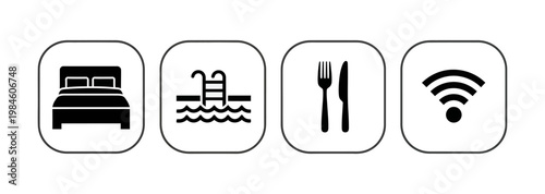 Set of icons representing hotel amenities including a bed, swimming pool, dining, and Wi-Fi