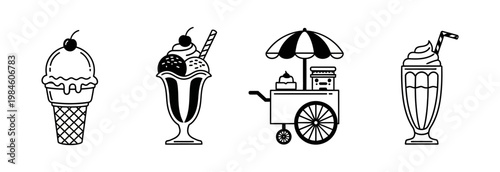 Vector illustrations of classic ice cream cone, sundae, milkshake, and a street vendor cart. Ideal for dessert menus, sweet shops, and summer designs