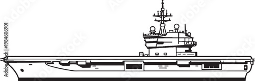 Light aircraft carrier naval ship side view black and white vector line art illustration isolated