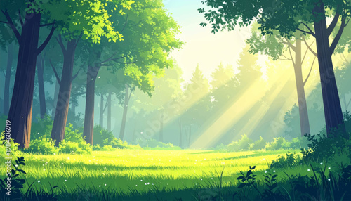 Soft meadow opening washed by pastel rays and airy foliage. Minimal woodland background suited spa packaging or calm branding. Fresh seasonal landscape with luminous grass and gentle atmosphere