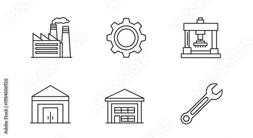 Industrial Icons Set Factory Gear Press Warehouse Wrench.