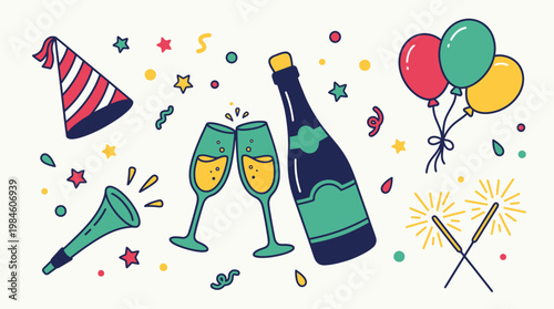 Colorful Party Celebration with Champagne and Balloons