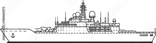 Fleet command ship naval vessel side view black and white vector line art illustration isolated