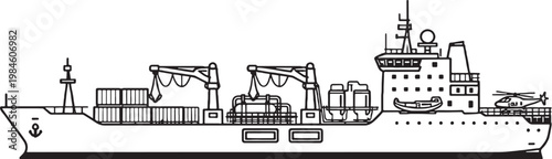 Fleet support ship naval vessel side view black and white vector line art illustration isolated