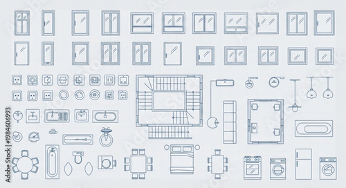 Architectural Drawings of Building Elements and Furniture Layouts.