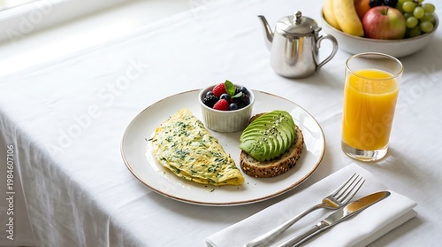 Pakej Sarapan sehat dengan omelet, roti gandum, buah-buahan segar, dan jus jeruk di meja makan cerah dan bersih