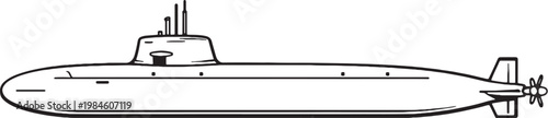 Attack Submarine Naval Vessel Line Art Vector Illustration Side View