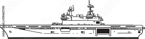 Amphibious assault ship naval vessel side view black and white vector line art illustration isolated