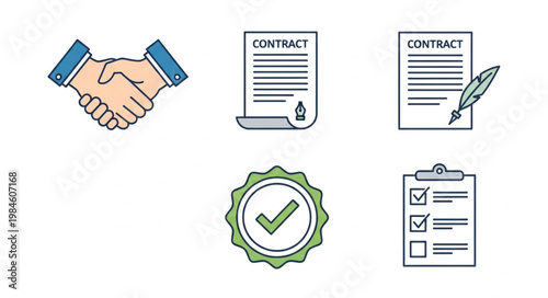 Business agreement icons handshake contract checklist and approval stamp.