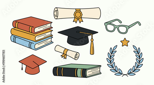 Graduation Cap Books Diploma Icon Set