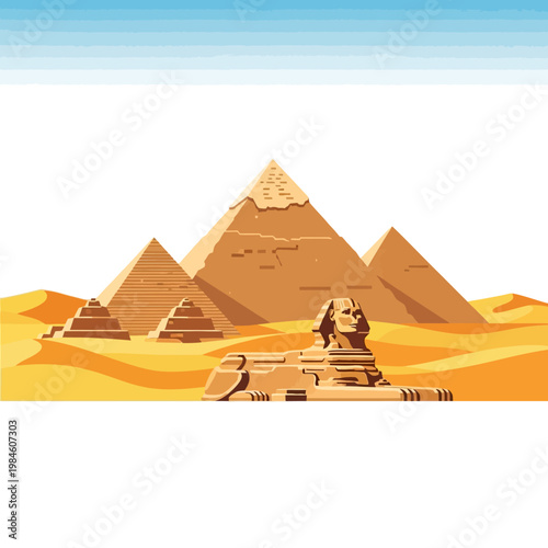 Ancient Egyptian Pyramids and Sphinx in Desert Landscape