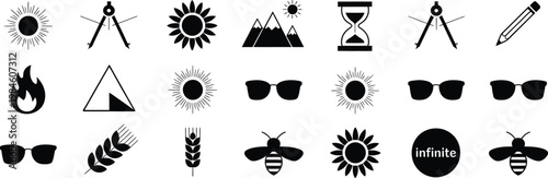 Summer and Nature Silhouette Icons Set Sun Bee Fire Compass Solstice Vector Illustration representing seasonal outdoor adventure travel and natural environment concept