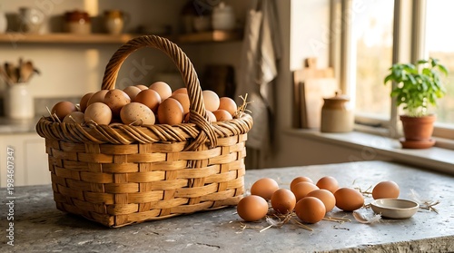 Keranjang Anyaman Berisi Telur Segar di Dapur Cahaya Alami untuk Pemasakan dan Makanan Sehat