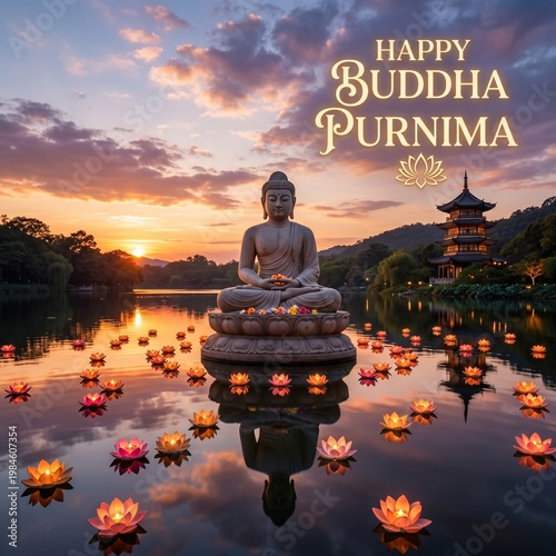 Buddha statue, serene lake, lotus flowers, Happy Buddha Purnima celebration, peaceful sunset