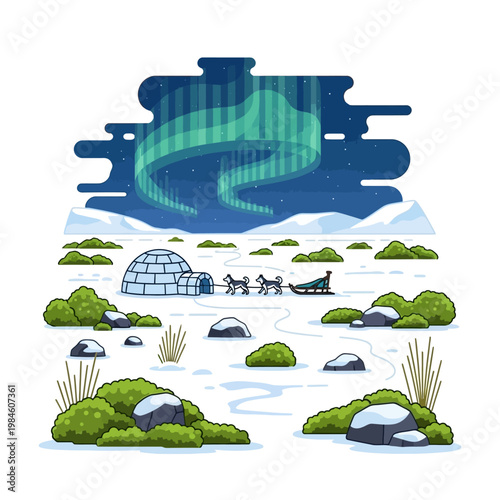 Arctic Landscape with Igloo, Dog Sledding, and Aurora Borealis