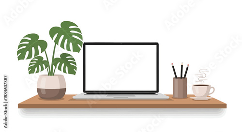 Modern minimalist workspace with a laptop featuring a blank screen