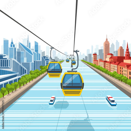 Cable Cars Crossing River with Modern City Skyline and Traditional Buildings