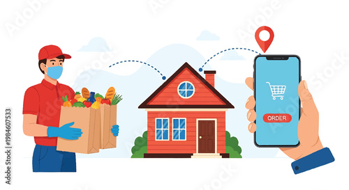 Delivery person with groceries and smartphone with shopping app, e commerce