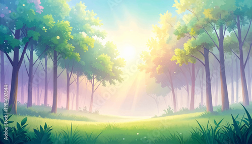 Dreamy dawn forest blending pastel haze with quiet meadow. Airy spring landscape for meditation visuals and editorial decor. Luminous grove composition featuring soft colors and tranquil depth
