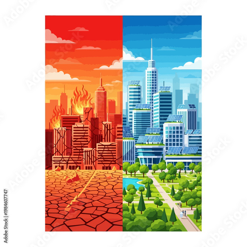 Climate Change Contrast: Burning City vs. Green Sustainable Future