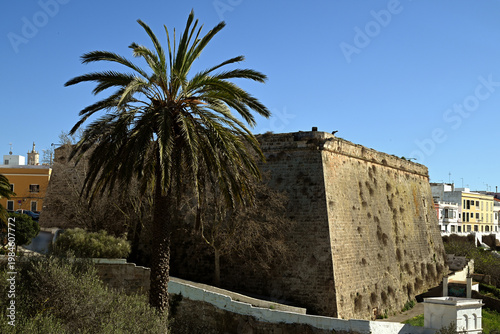 Bastion de Sa Font et musée municipal de Ciutadella avec un palmier au premier plan sur l'île de Minorque