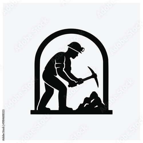 Miner silhouette, mining, helmet, pickaxe, tunnel, illustration