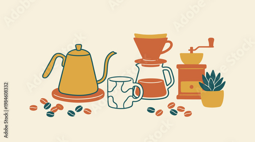 Coffee Brewing Equipment with Plant on Table