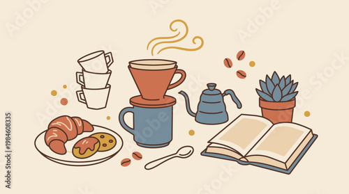 Colorful Breakfast Table with Coffee, Croissant, and Book