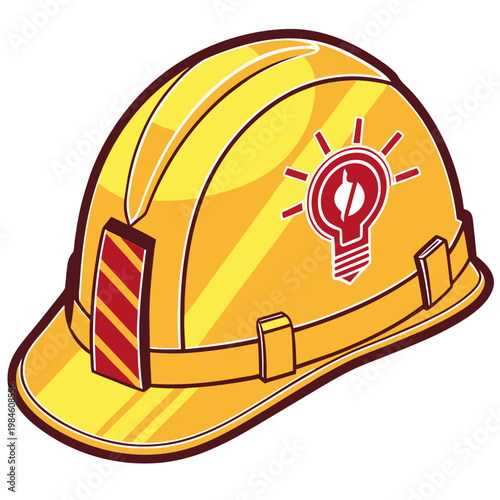 Industrial yellow hard hat with a light bulb idea.
