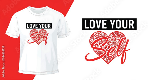 White t-shirt with red love your self text and heart graphic t shirt clothing