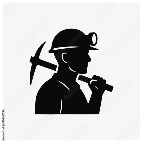 Miner silhouette, construction worker, helmet, pickaxe