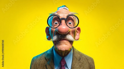 Celebration of humor with a wacky disguise on vibrant yellow. Action poster. Oversized glasses and mustache disguise on bright yellow for april fool's. Scifi poster. Poster design.