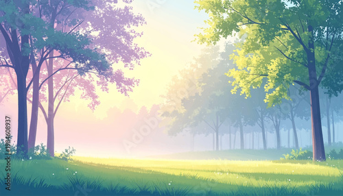 Misty clearing bordered by slender trees beneath glowing dawn. Ethereal woodland scene with pastel light and spacious calm. Fresh atmospheric background for beauty packaging and soft branding