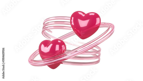 Two shiny pink hearts orbiting on transparent background with pink rings