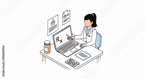 Isometric Illustration of a Female Doctor or Pharmacist Using Laptop for Online Prescription and Digital Healthcare Services